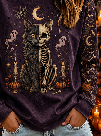 Casual Cat Crew Neck Long Sleeve Sweatshirt - Image 3