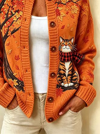 Women Cat Long Sleeve Comfy Vintage Printing Cardigan - Image 3