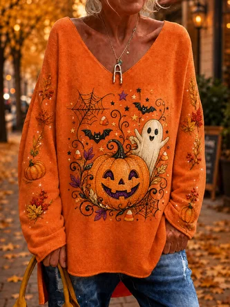 Loose Casual Printing Halloween Knit Top