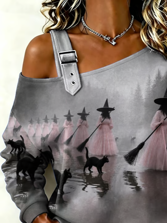 Casual Cat Asymmetrical Long Sleeve Sweatshirt - Image 2