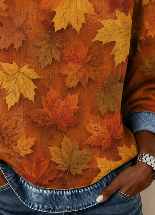 Casual Maple Leaf Crew Neck Long Sleeve Sweatshirt - Image 3