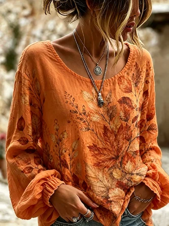 Women Maple Leaf Vintage Blouse Crew Neck Long Sleeve Printing Top 2 Women Maple Leaf Vintage Blouse Crew Neck Long Sleeve Printing Top - Image 2
