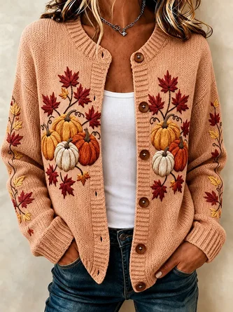 Women Maple Leaf Long Sleeve Comfy Vintage Printing Cardigan