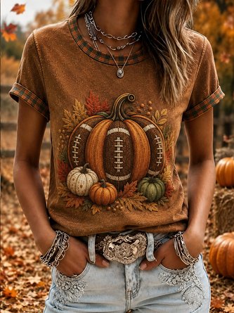Vintage Pumpkin Pattern Crew Neck Short Sleeve T-shirt