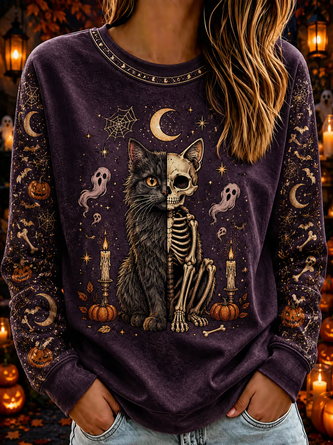 Casual Cat Crew Neck Long Sleeve Sweatshirt