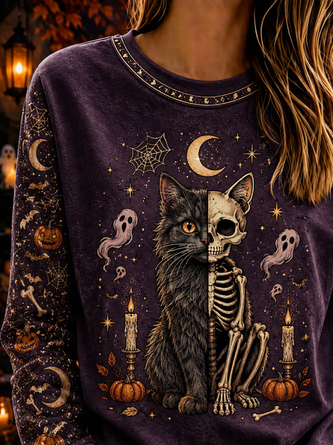 Casual Cat Crew Neck Long Sleeve Sweatshirt - Image 2