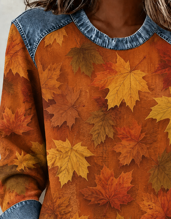 Casual Maple Leaf Crew Neck Long Sleeve Sweatshirt - Image 2