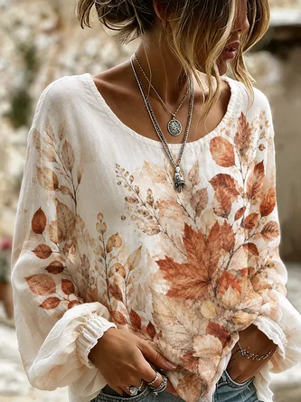 Women Maple Leaf Vintage Blouse Crew Neck Long Sleeve Printing Top 1 Women Maple Leaf Vintage Blouse Crew Neck Long Sleeve Printing Top