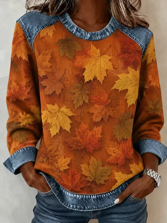 Casual Maple Leaf Crew Neck Long Sleeve Sweatshirt