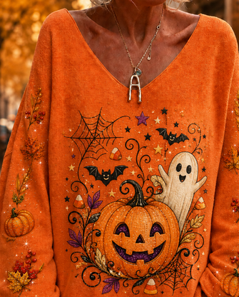 Loose Casual Printing Halloween Knit Top - Image 2