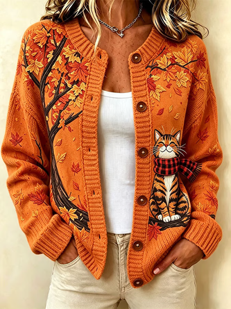 Women Cat Long Sleeve Comfy Vintage Printing Cardigan