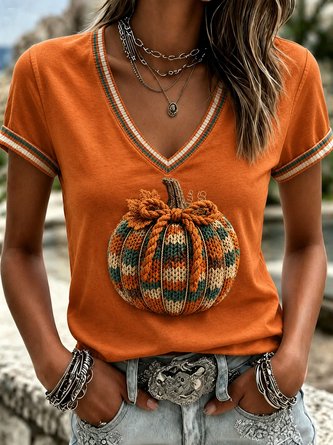 Vintage Pumpkin Pattern V Neck Short Sleeve T-shirt
