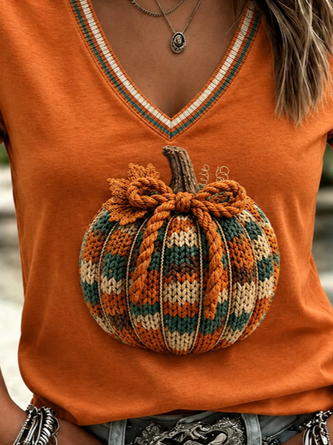 Vintage Pumpkin Pattern V Neck Short Sleeve T-shirt - Image 3