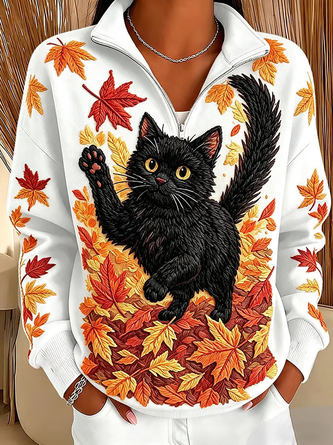 Casual Cat Stand Collar Long Sleeve Sweatshirt 2 Casual Cat Stand Collar Long Sleeve Sweatshirt - Image 2