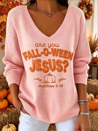 Casual Text Letters V Neck Long Sleeve T-shirt - Image 2