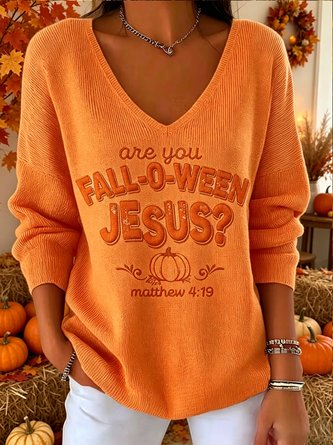 Casual Text Letters V Neck Long Sleeve T-shirt - Image 5