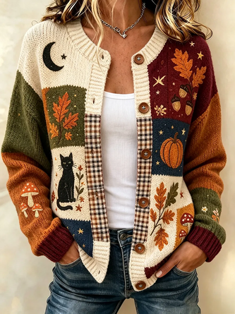 Women Cat Long Sleeve Comfy Vintage Printing Cardigan