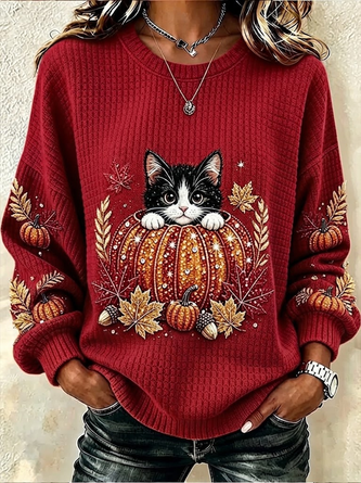 Casual Cat Crew Neck Long Sleeve Sweatshirt - Image 5