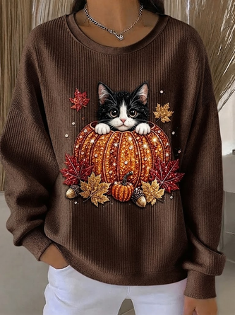 Casual Cat Crew Neck Long Sleeve Sweatshirt - Image 2
