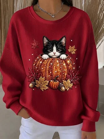 Casual Cat Crew Neck Long Sleeve Sweatshirt - Image 4