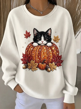 Casual Cat Crew Neck Long Sleeve Sweatshirt - Image 3