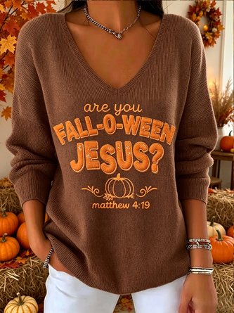 Casual Text Letters V Neck Long Sleeve T-shirt - Image 3