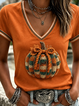 Vintage Pumpkin Pattern V Neck Short Sleeve T-shirt - Image 2