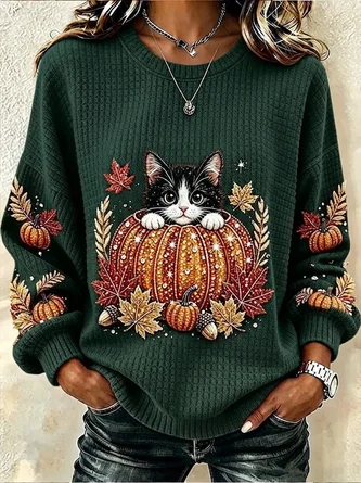 Casual Cat Crew Neck Long Sleeve Sweatshirt - Image 4