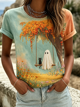 Casual Cat Crew Neck Short Sleeve T-shirt - Image 3