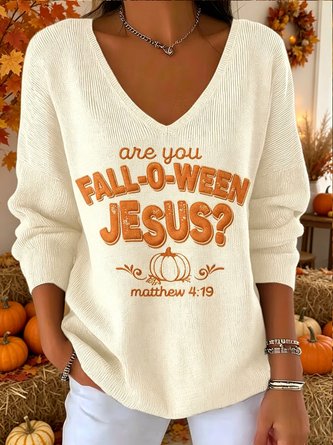 Casual Text Letters V Neck Long Sleeve T-shirt - Image 6