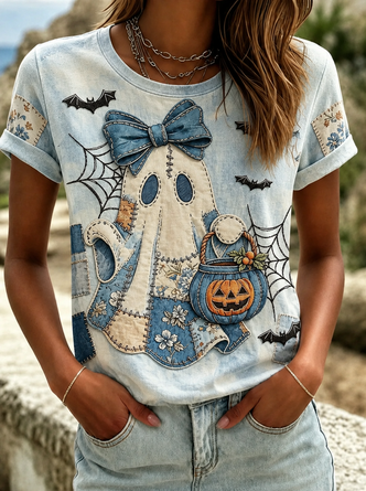 Casual Halloween Crew Neck Short Sleeve T-shirt