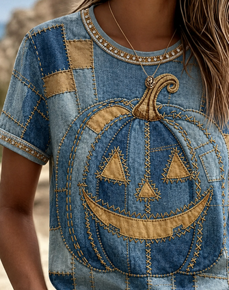 Casual Halloween (pumpkin) Crew Neck Short Sleeve T-shirt - Image 3
