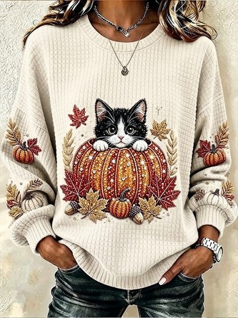 Casual Cat Crew Neck Long Sleeve Sweatshirt - Image 3