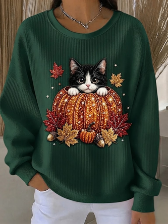 Casual Cat Crew Neck Long Sleeve Sweatshirt - Image 5