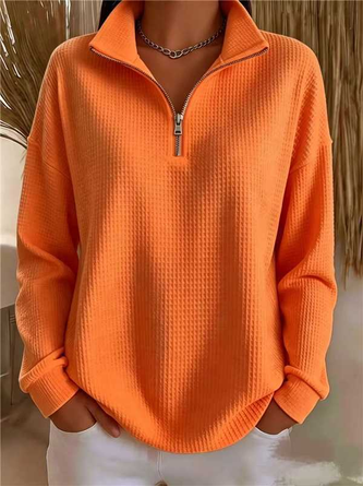 Casual Plain Half Open Collar Long Sleeve Sweatshirt