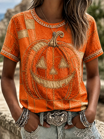 Casual Halloween (pumpkin) Crew Neck Short Sleeve T-shirt - Image 2