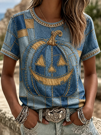 Casual Halloween (pumpkin) Crew Neck Short Sleeve T-shirt