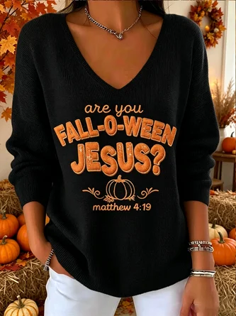 Casual Text Letters V Neck Long Sleeve T-shirt - Image 4