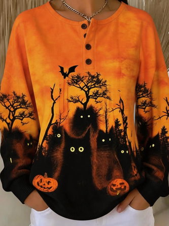 Casual Cat Henley Collar Long Sleeve Sweatshirt - Image 2