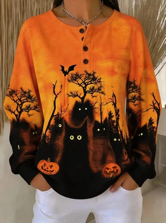 Casual Cat Henley Collar Long Sleeve Sweatshirt