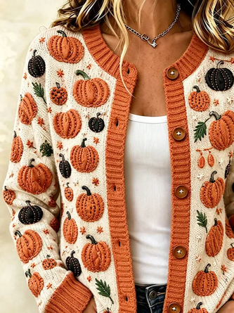 Women Halloween (pumpkin) Long Sleeve Comfy Vintage Printing Cardigan - Image 3