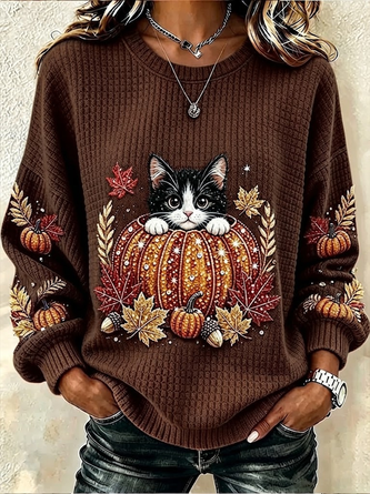 Casual Cat Crew Neck Long Sleeve Sweatshirt - Image 2