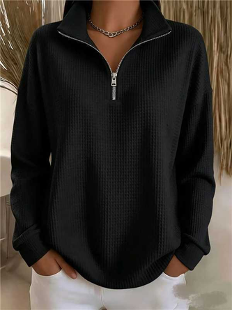 Casual Plain Half Open Collar Long Sleeve Sweatshirt - Image 3