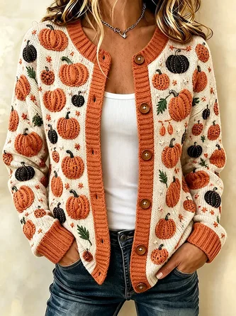 Women Halloween (pumpkin) Long Sleeve Comfy Vintage Printing Cardigan