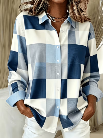 Women Abstract Casual Shirt Shirt Collar Long Sleeve Buckle Top | noracora