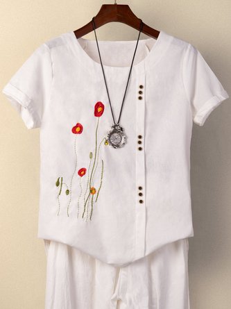 White Floral-Print Short Sleeve T-shirt