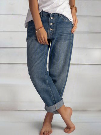 Cotton Loose Blue Casual Buttoned Jeans