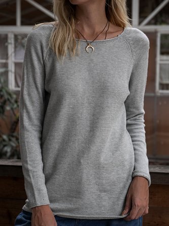 Women Light Gray V neck Cotton-Blend Long Sleeve Casual Tunic Sweater Knit Jumper