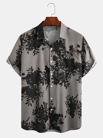 Men's Hawaiian Cotton Linen Botanical Floral Print Short Sleeve Shirt