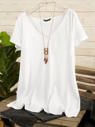 Women's White V neck Plain Cotton Blend Short Sleeve Casual T-Shirt
